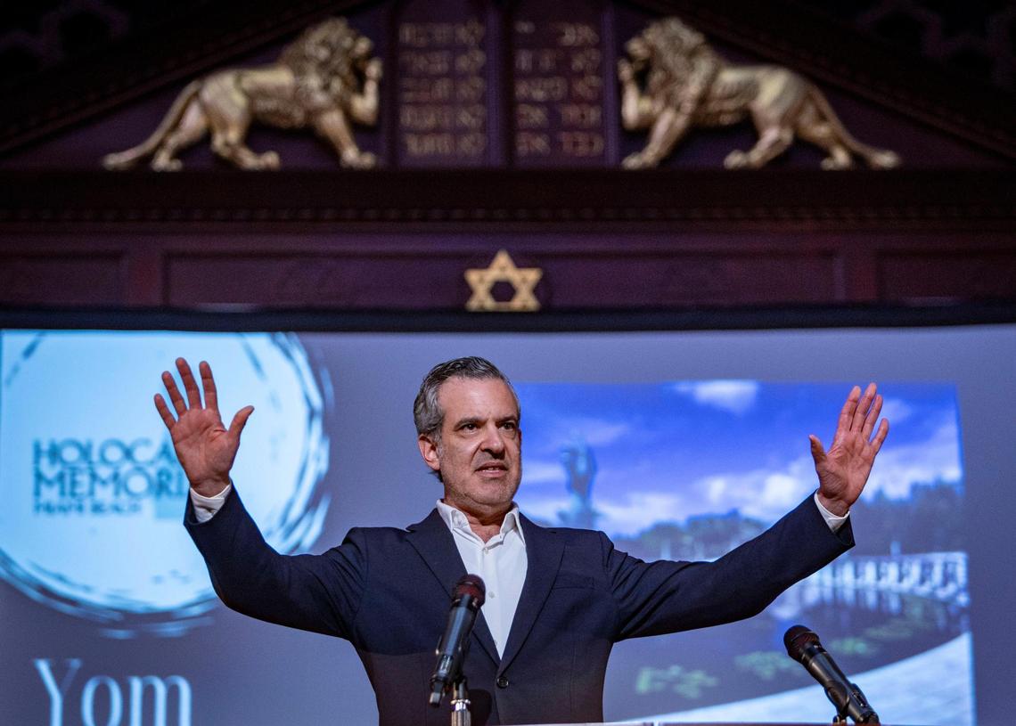Miami Beach Mayor Steven Meiner speaks during a ceremony to commemorate Yom HaShoah, Holocaust Remembrance Day, at Temple Emanu-El in Miami Beach on April 27, 2025.