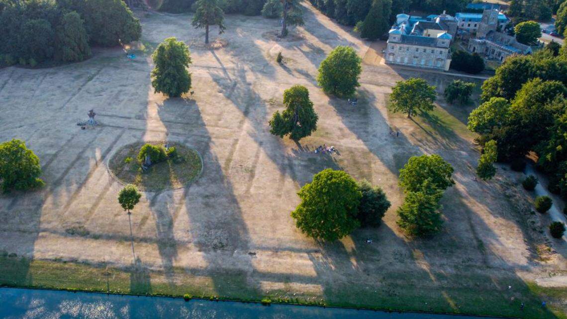 The drought and heatwave in the U.K. has revealed outlines of historic gardens in the grass at Lydiard Park, Chatsworth House and Longleat House in England.