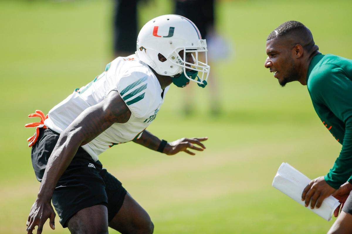 Miami Hurricanes cornerback DJ Ivey Jr. (8) participates in a drill during spring practice at the University of Miami campus in Coral Gables, Florida, on Friday, March 11, 2022.