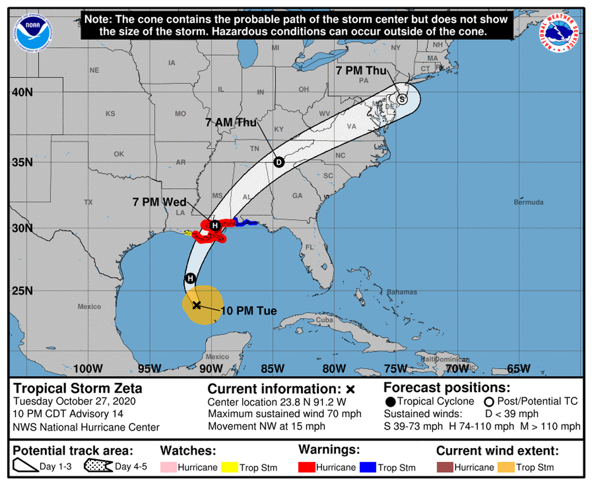 Tropical Storm Zeta could strengthen to a hurricane before making landfall in Louisiana Wednesday night.