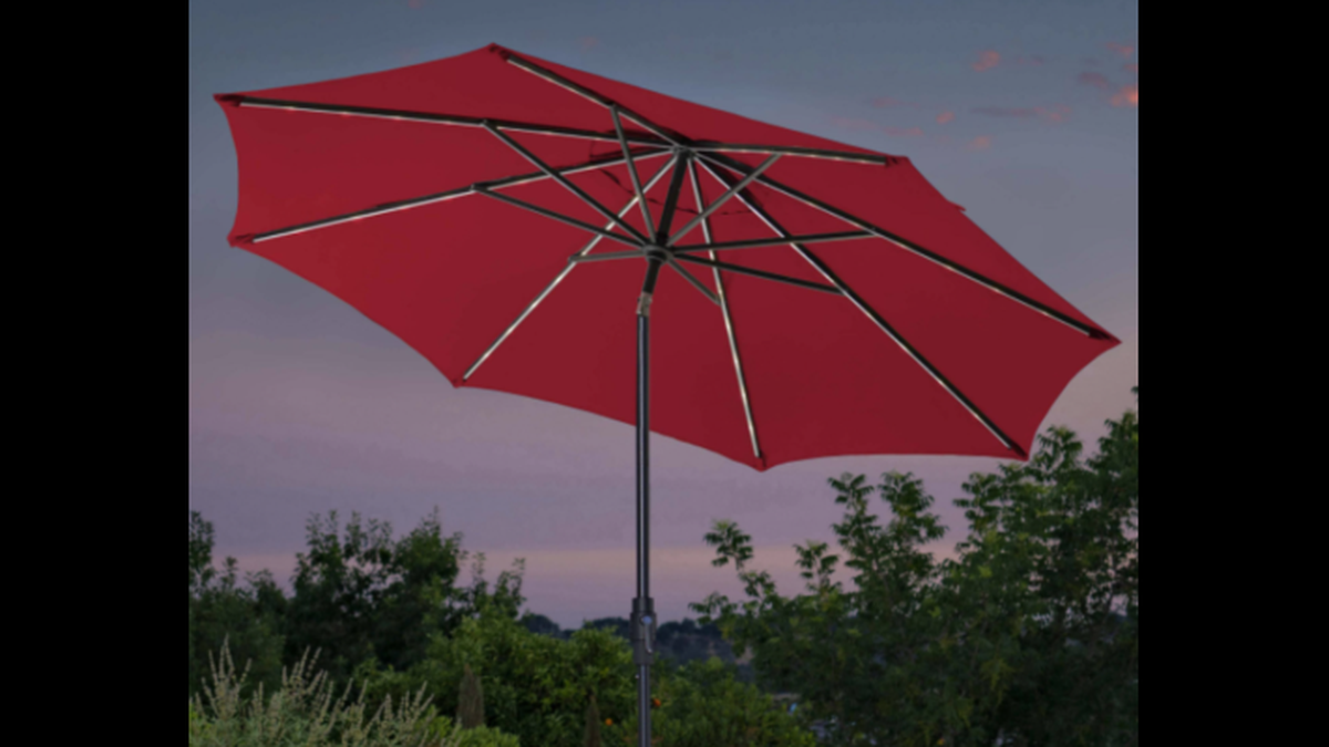 The recalled 10-foot Solar LED Market Umbrella with LED lights on the arms of the umbrella. It’s sold only at Costco.