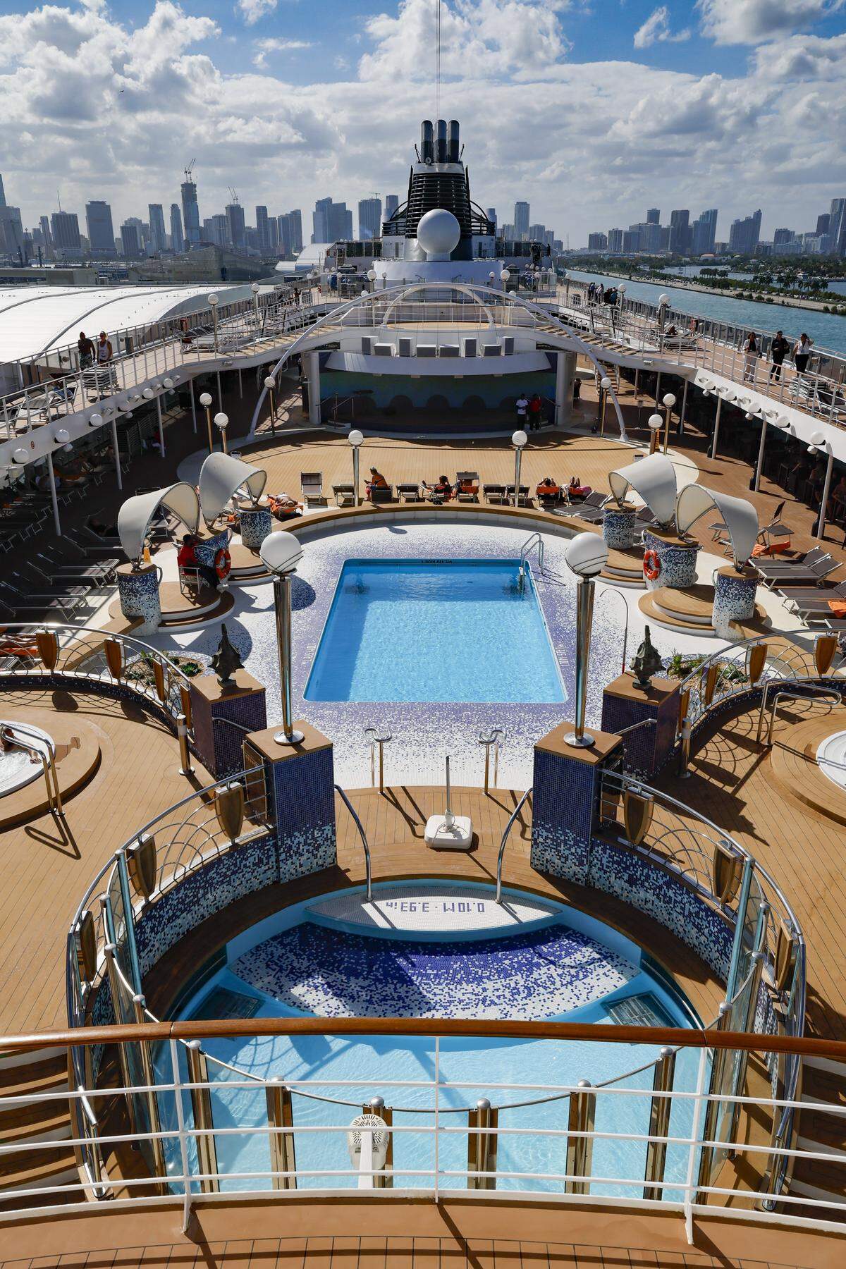 Exterior of the pool deck of MSC Poesia docked at PortMiami in Miami, Florida, on Wednesday, April 22, 2026. Built in 2008, it underwent refurbishment this year. This winter, it will be based at PortMiami heading on trips to the Caribbean.