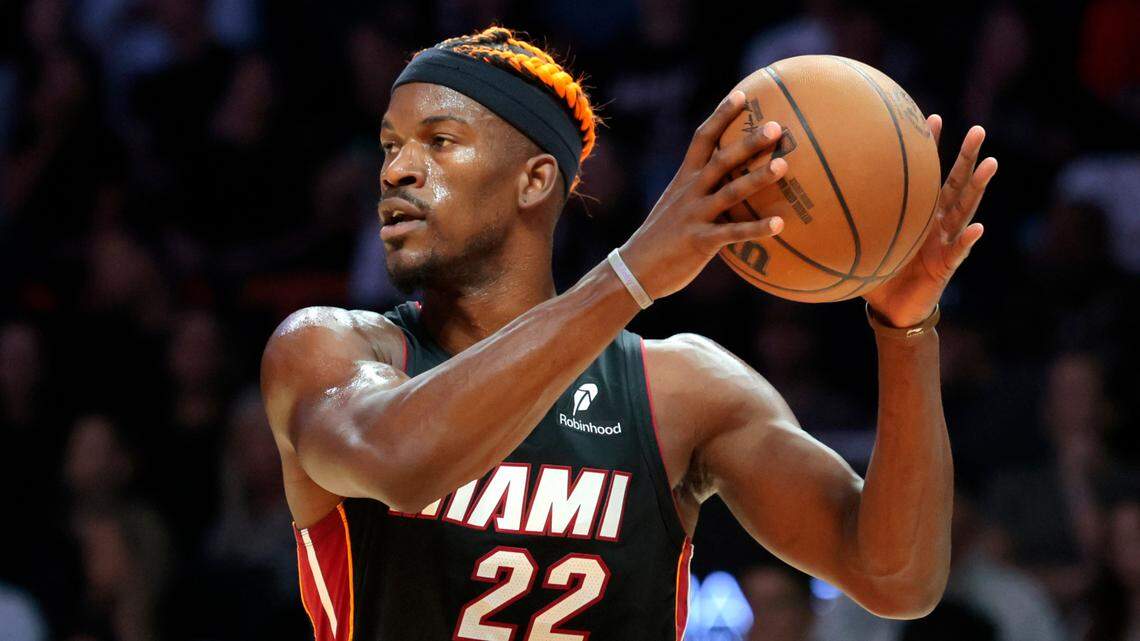 Miami Heat forward Jimmy Butler (22) receives a pass during the first half of an NBA basketball game against the Oklahoma City Thunder at Kaseya Center in Miami on December 20, 2024.