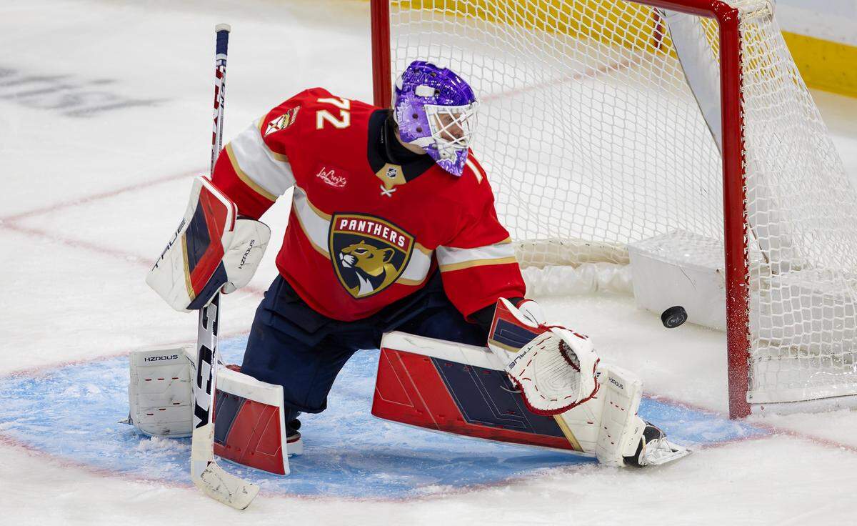 Florida Panthers goaltender Sergei Bobrovsky (72) blocks a shot during the third period of an NHL game against the Nashville Predators at the Amerant Bank Arena on Thursday, Nov. 7, 2024, in Sunrise, Fla.
