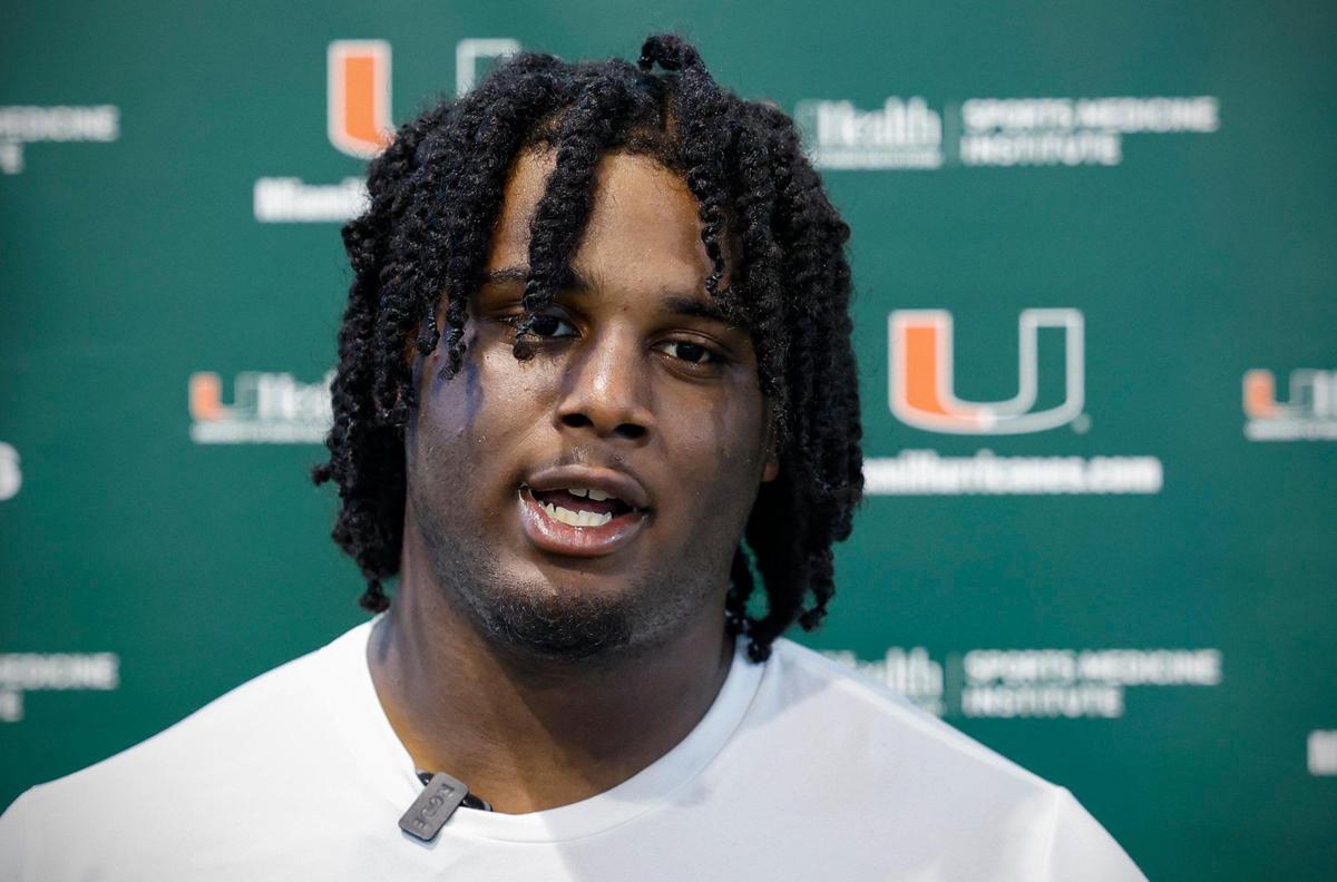 Miami Hurricanes defensive lineman Leonard Taylor III speaks to reporters after practice at the Carol Soffer Indoor Practice Facility at the University of Miami in Coral Gables on Friday, August 4, 2023.