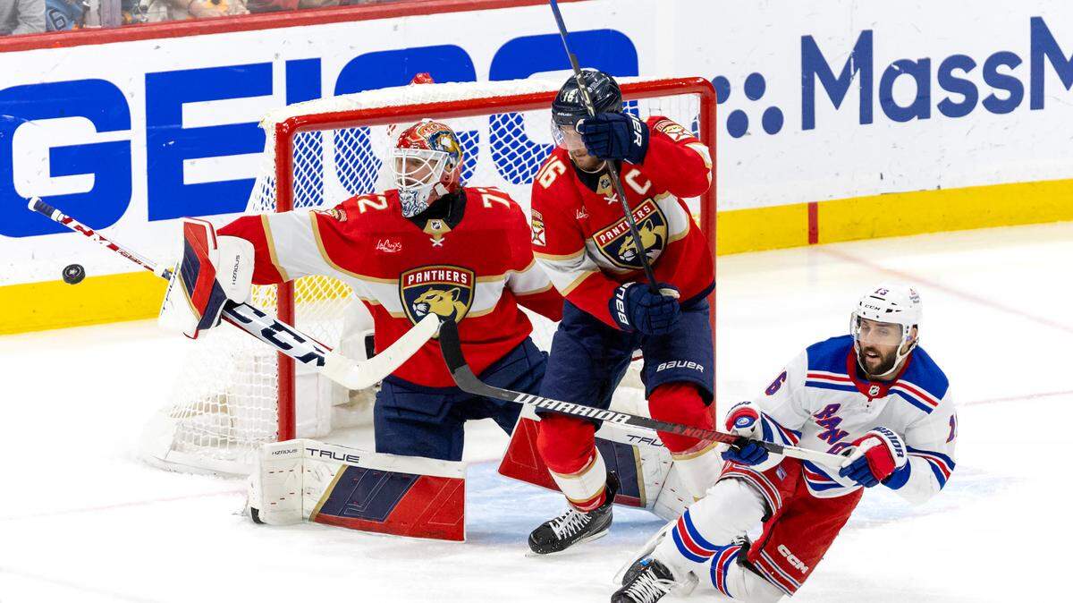 Florida Panthers center Aleksander Barkov (16) helps Panthers goaltender Sergei Bobrovsky (72) defend the net against pressure from the New York Rangers center Vincent Trocheck (16) in the second period of Game 6 during the Eastern Conference finals of the NHL hockey Stanley Cup playoffs at the Amerant Bank Arena on Saturday, June 1, 2024, in Sunrise, Fla.