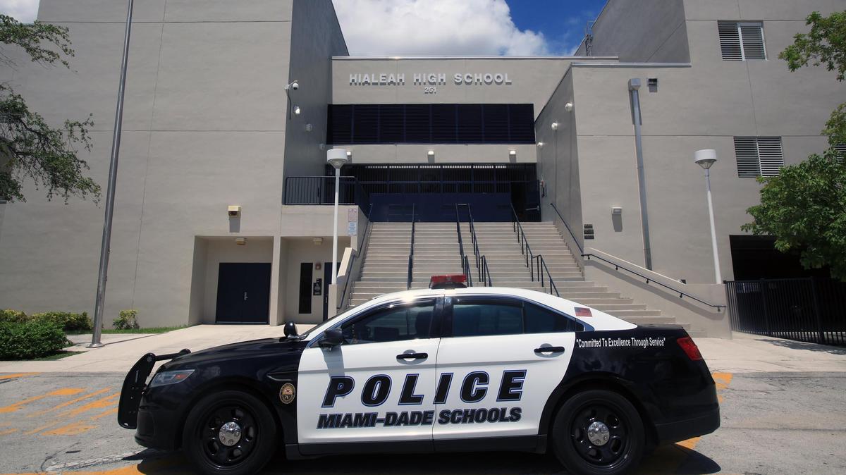 A Miami-Dade Schools patrol car parked outside Hialeah High School on Friday, August 24, 2018.
