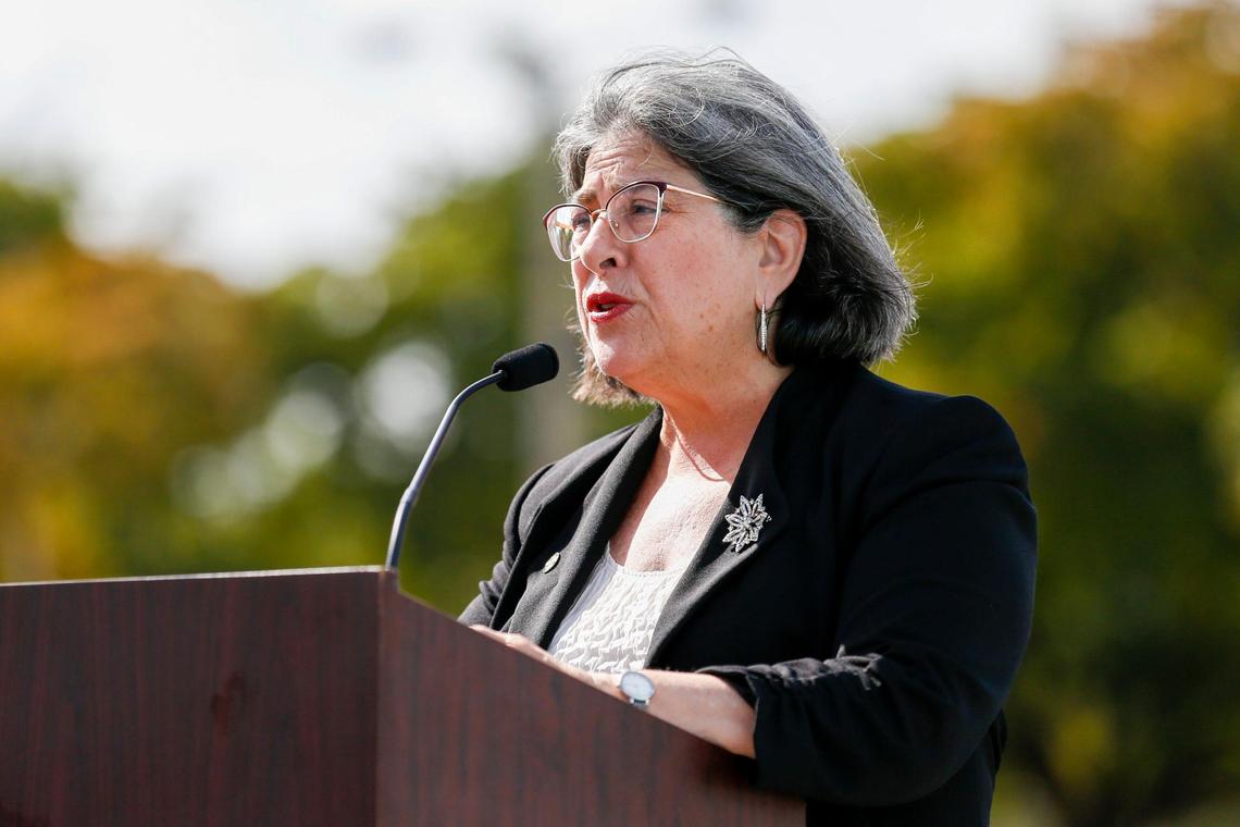 Miami-Dade County Mayor Daniella Levine Cava takes about the latest measures taken by the county to control the spread of Omicron, the new variant of COVID-19, during a press conference at Tropical Park in Miami, Florida, on Thursday, Dec. 16, 2021.