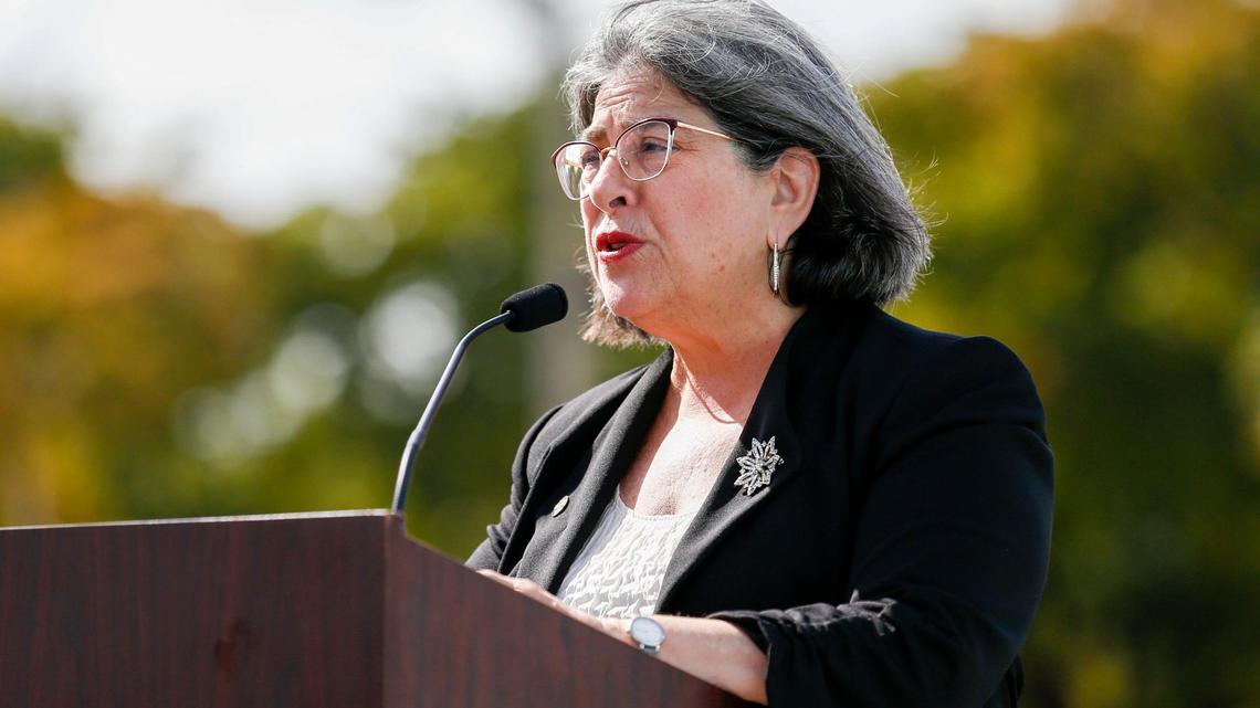Miami-Dade County Mayor Daniella Levine Cava talks about the latest measures to control the spread of the omicron variant during a Dec. 16 press conference at Tropical Park.