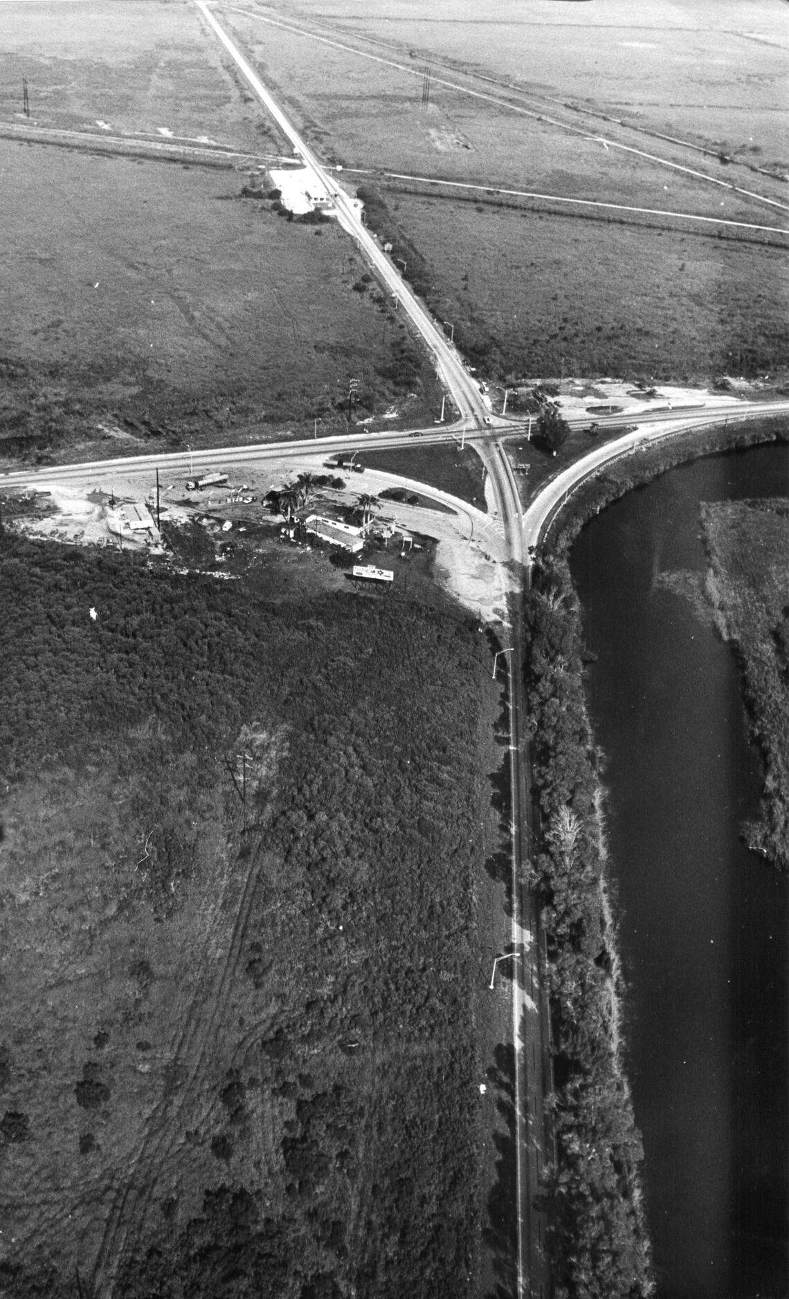 A 1975 aerial photo of Andytown, the bar, bait-and-tackle and gas station at the southeast corner of State Road 84 and U.S. 27. I was razed for the construction of I-75. Although it amounted to little, Andytown was an institution in Broward and a rare sign of civilization for motorists on Alligator Alley. It was marked on some maps of Florida. This view looks from the east toward the west.