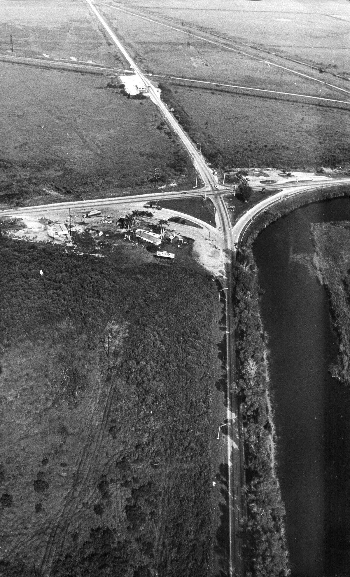 A 1975 aerial photo of Andytown, the bar, bait-and-tackle and gas station at the southeast corner of State Road 84 and U.S. 27. I was razed for the construction of I-75. Although it amounted to little, Andytown was an institution in Broward and a rare sign of civilization for motorists on Alligator Alley. It was marked on some maps of Florida. This view looks from the east toward the west.