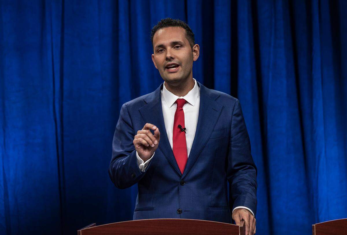 Former Hialeah Councilman Bryan Calvo speaks Wednesday night during a mayoral debate at Univision 23 ahead of the Nov. 4 elections.