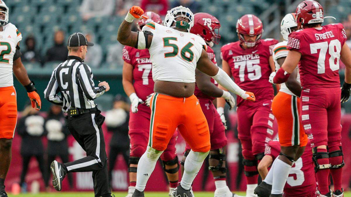 Sep 23, 2023; Philadelphia, Pennsylvania, USA; Miami Hurricanes defensive lineman Leonard Taylor III (56) celebrates his sack in the second half against the Temple Owls at Lincoln Financial Field. Mandatory Credit: Andy Lewis-USA TODAY Sports