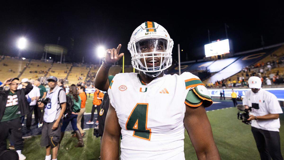 Miami Hurricanes defensive lineman Rueben Bain Jr. (4) reacts after winning his NCAA college football game against the California Golden Bears at the California Memorial Stadium on Saturday, Oct. 5, 2024, in Berkeley, Calif.