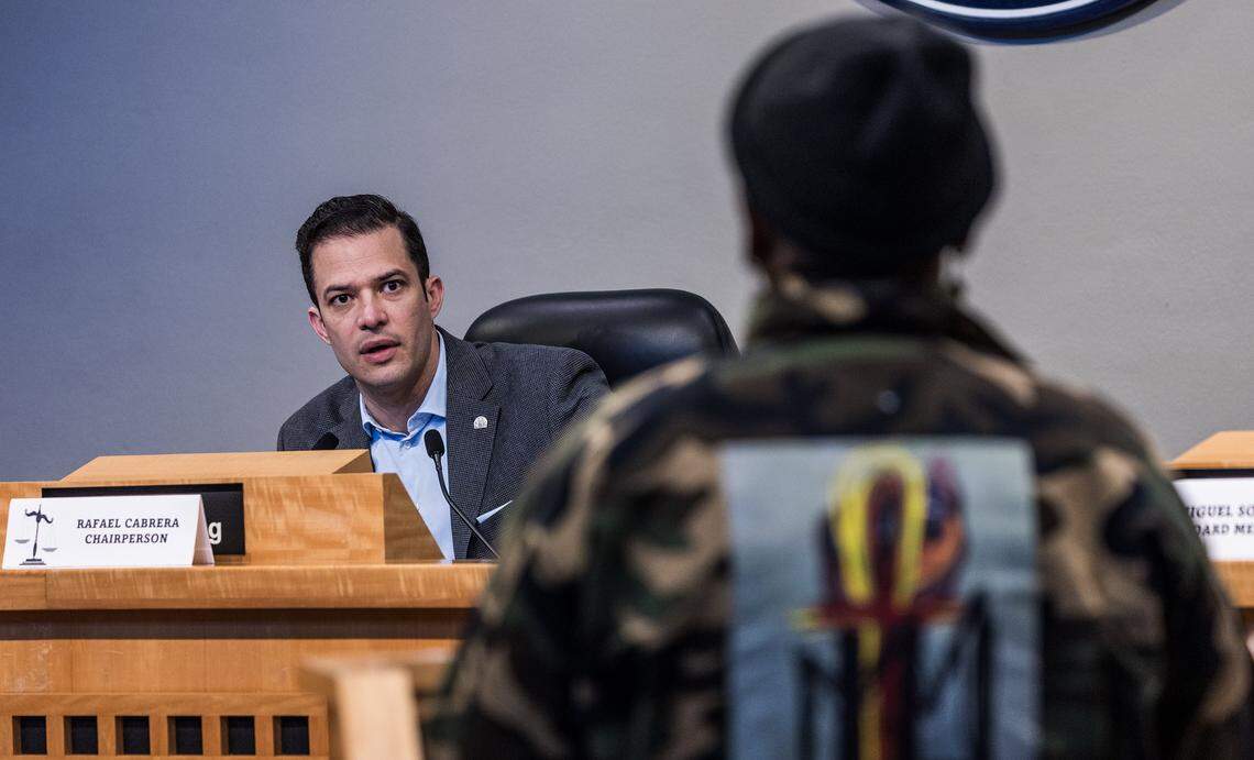Board Chair person Rafael Cabrera addresses Dasha Saintremy, manager of the Little Haiti Cultural Center, during a Civil Service Board meeting concerning her 3-days suspension, effective December 26, 2025, as she disputing her suspension by the city's parks and recreation department. at Miami City Hall, on Tuesday, February 03, 2026.