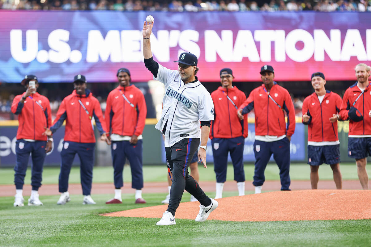 SEATTLE, WASHINGTON - JULY 03: Head Coach Mauricio Pochettino of the United States National Soccer Team throws out the ceremonial first pitch prior to the game between the Toronto Blue Jays and the Seattle Mariners at T-Mobile Park on July 03, 2026 in Seattle, Washington. (Photo by Olivia Vanni/Getty Images)