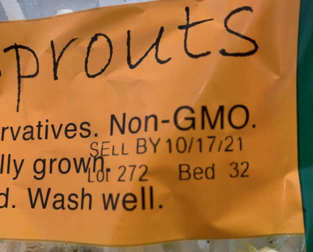 An example of where to see the lot number printed on Fullei Fresh sprouts bags. Some lots numbered consecutively between 251 and 271 were part of a recall on Oct. 5, 2021.