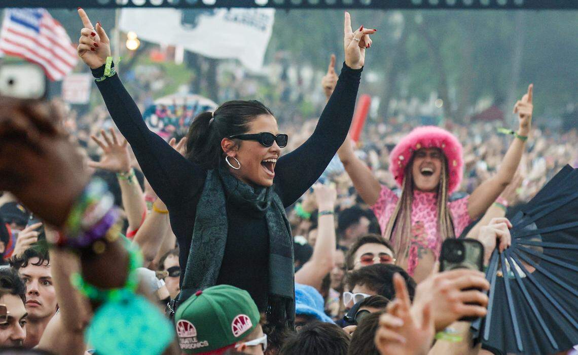 Ultra attendees react during the performance by Illenium at the Main Stage at Ultra Music Festival in Miami, Florida, on Friday, March 27, 2026.