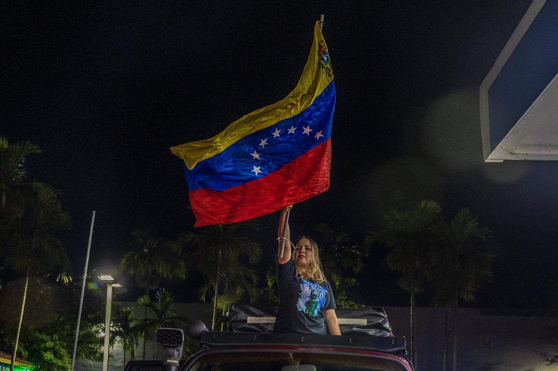 Teresa Bracamonte was among Venezuelans exiles living in South Florida that celebrated outside of El Arepazo in Doral, Florida, after the United States attacked Venezuela and captured Venezuelan leader Nicolás Maduro,  on Jan. 3, 2026.