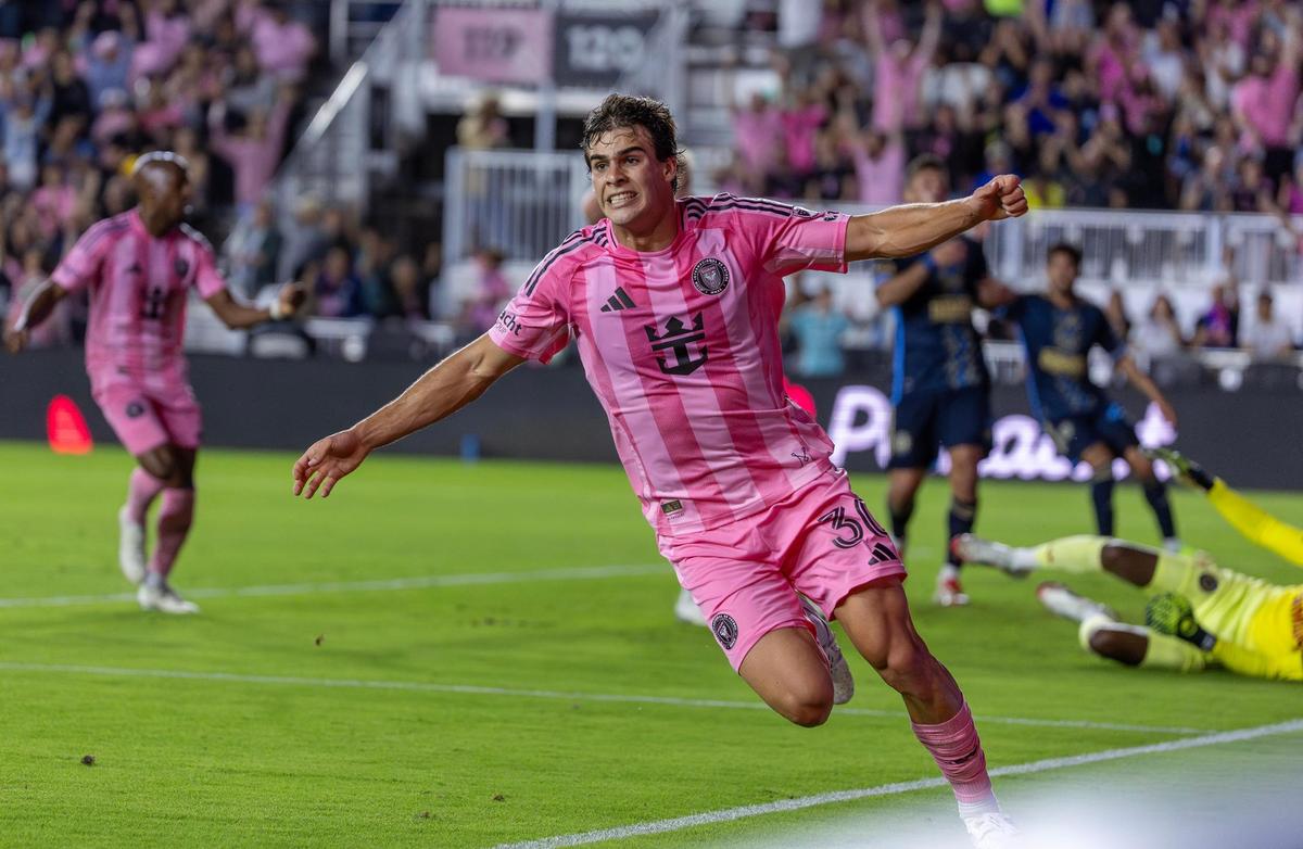 Inter Miami midfielder Benjamin Cremaschi (30) celebrates after teammate Robert Taylor (16) scores during the first half of their MLS match against the Philadelphia Union at Chase Stadium on Saturday, March 29, 2025, in Fort Lauderdale, Fla.
