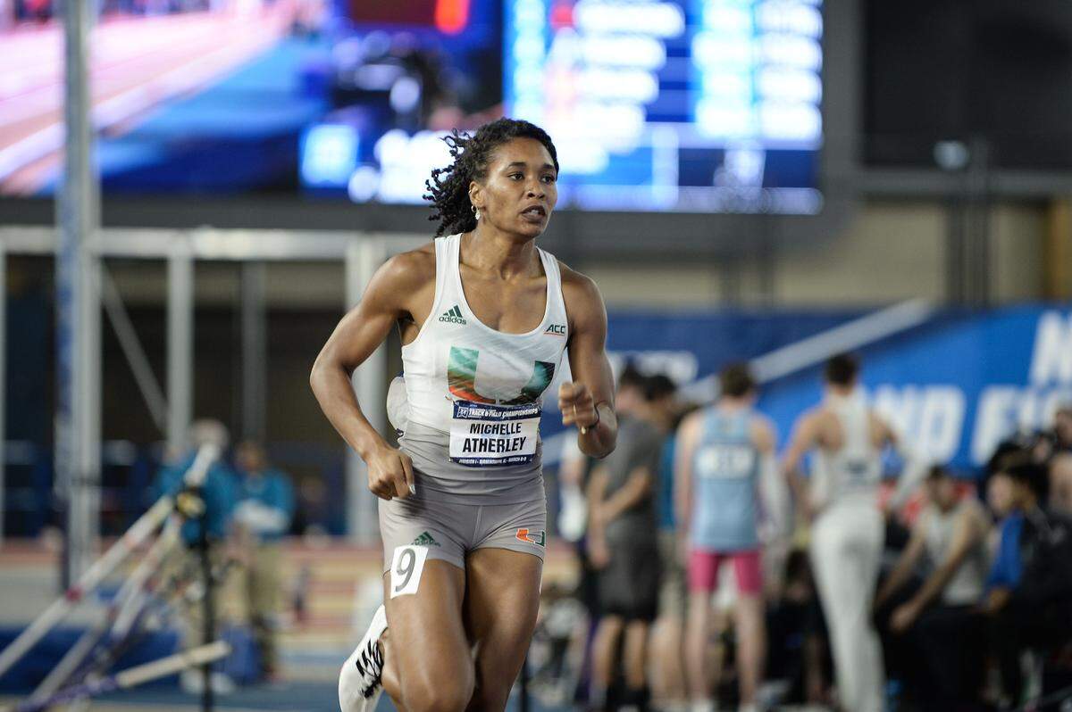 UM pentathlon national champion Michelle Atherley shown at the 2019 NCAA Division I Indoor Track & Field Championships at the Birmingham CrossPlex in Birmingham, Alabama. (Kamp Fender)