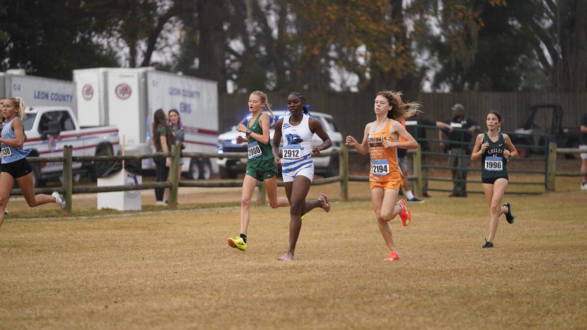 Dillard’s Shynah Collins (middle) runs in the Class 3A girls’ cross-country state championship race at Apalachee Regional Park in Tallahassee, Fla. on Saturday.