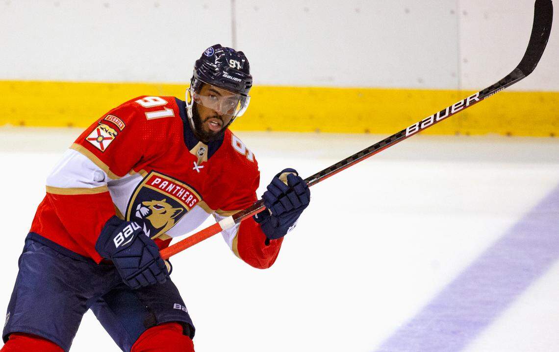 Florida Panthers left wing Anthony Duclair (91) in action during the third period of the first training camp scrimmage in preparation for the 2021 NHL season at the BB&T Center on Thursday, January 7, 2021 in Sunrise.