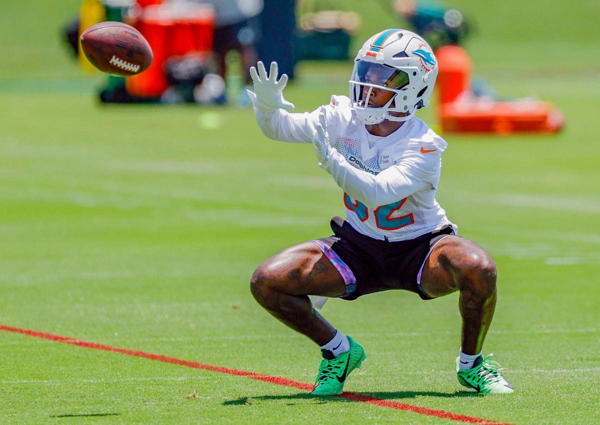 Miami Dolphins Tahj Washington (82) catches a pass.
