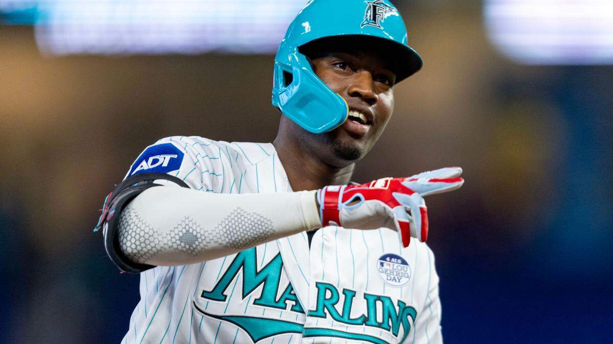 Miami Marlins player Jesus Sanchez (7) reacts as he rounds third base after homering during the first inning of an MLB game against the Oakland Athletics at loanDepot park in the Little Havana neighborhood of Miami, Florida, on Friday, June 2, 2023.