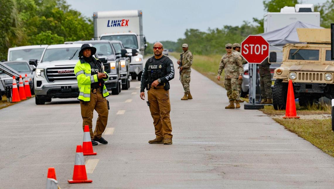 A check point at Alligator Alcatraz as Florida State Representatives denied entry. The facility is within the Florida Everglades, 36 miles west of the central business district of Miami, in Collier County, Florida. , Florida, on Thursday, July 3, 2025.
