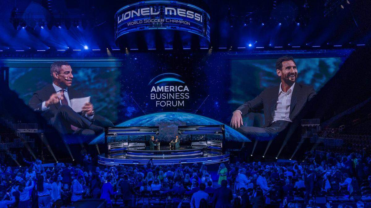 Miami Mayor Francis Suarez interviews soccer champion Lionel Messi during the America Business Forum at the Kaseya Center in Miami on Wednesday, Nov. 5, 2025.