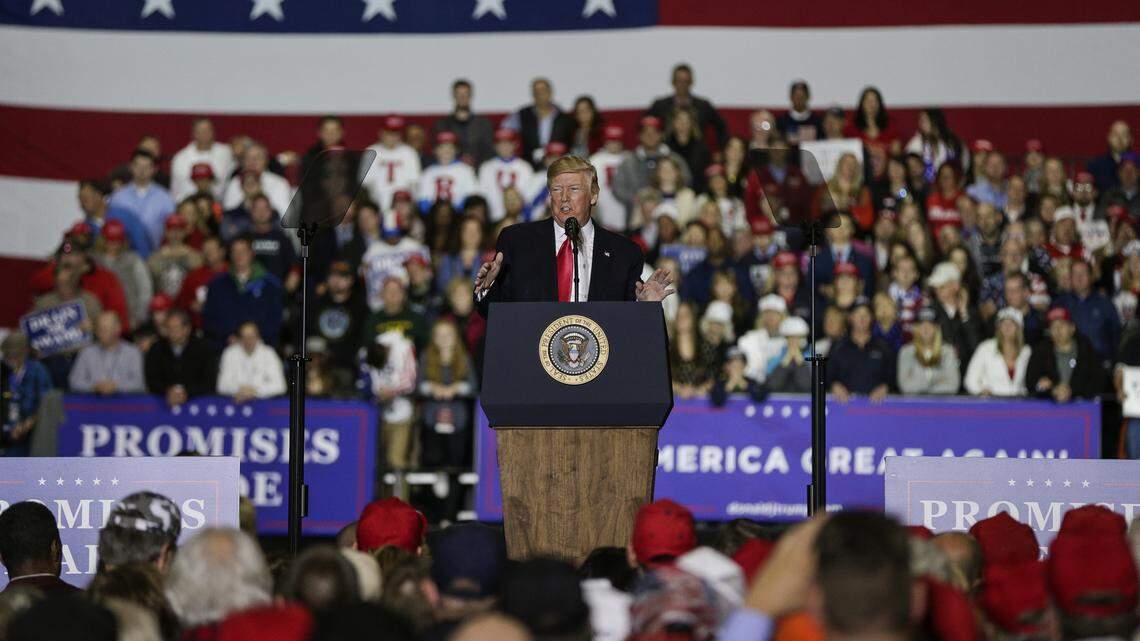 President Donald Trump speaks during a Make America Great Again rally at Total Sports Park in Washington Township, Mich., on Saturday, April 28, 2018.