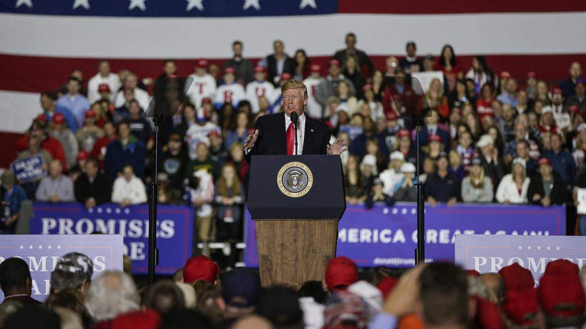 President Donald Trump speaks during a Make America Great Again rally at Total Sports Park in Washington Township, Mich., on Saturday, April 28, 2018.