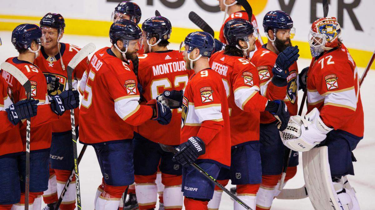 Florida Panthers players celebrate their 5-1 win over the Washington Capitals during Game 2 of a first round NHL Stanley Cup series at FLA Live Arena on Thursday, May 5, 2022 in Sunrise, Fl.