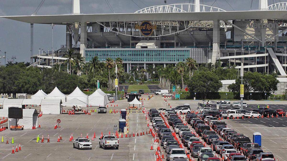 Motorist line up at Hard Rock Stadium for COVID-19 testing on Monday, July 13, 2020.