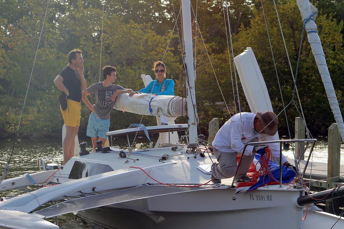 Pierre Berthier prepares his Corsair F-28 sailboat for a day out on the water with his neighbors Wednesday, April 29, 2020.