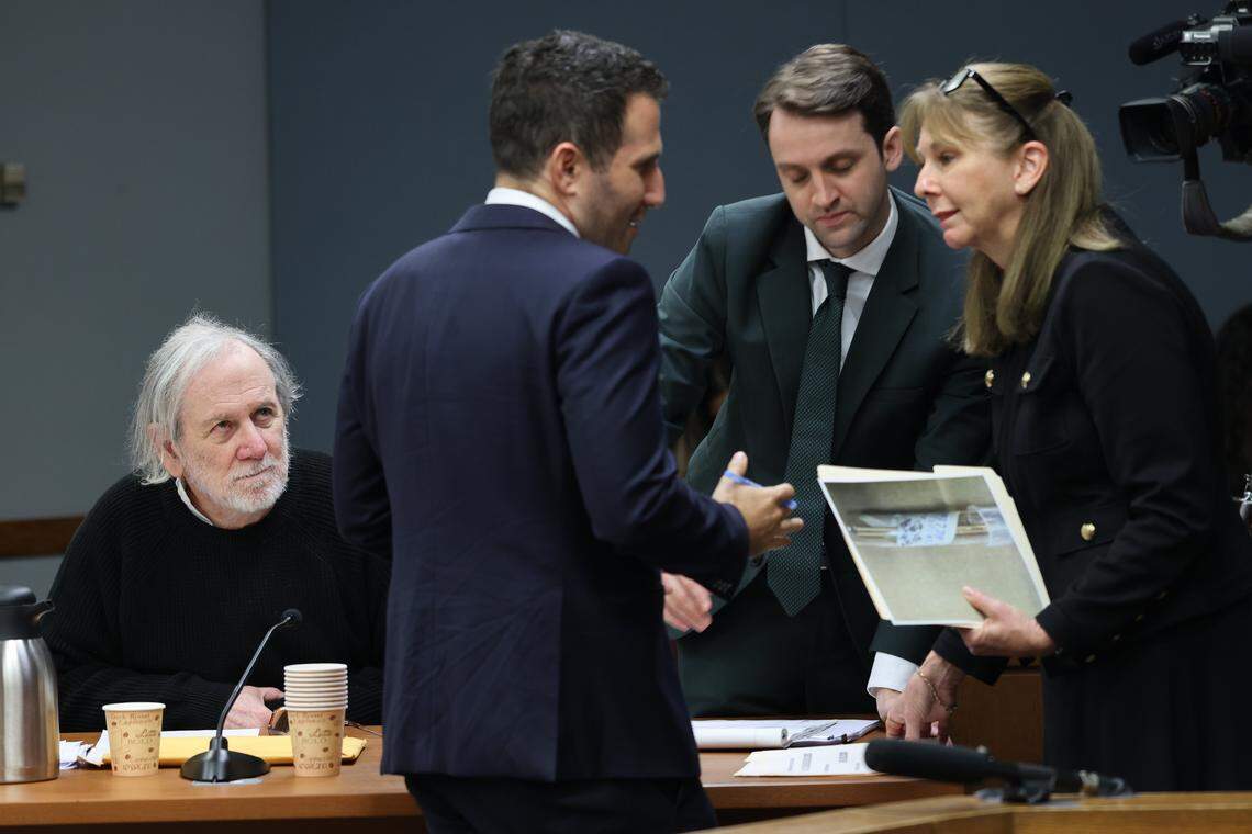 Robert Koehler, left, who is standing trial accused of being the "Pillowcase Rapist," a serial rapist linked to a 1984 cold case and connected to dozens of other sexual assaults, listens in as defense attorneys Alex Klayman, and Alex Shear, discuss newly submitted evidence by prosecutor Laura Adams in Courtroom 7-3 on Tuesday, October 28, 2025, at the Richard E. Gerstein Justice Building in Miami, Florida.