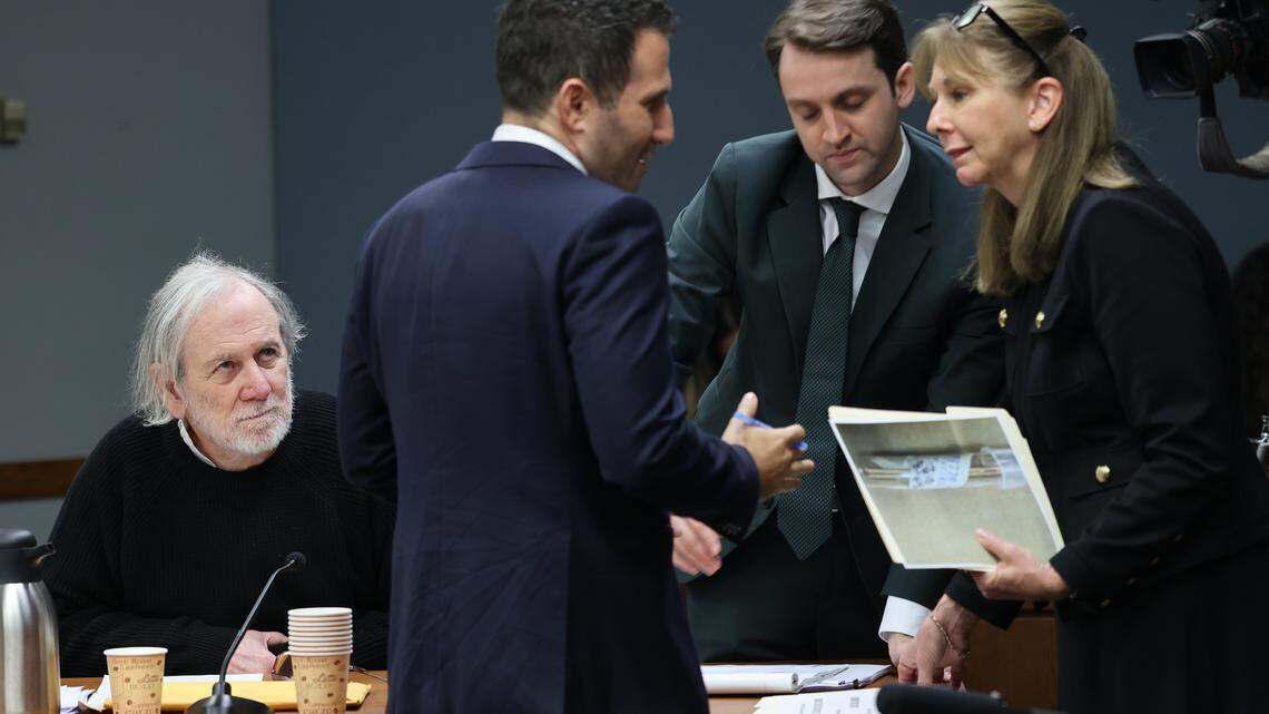 Robert Koehler, left, who is standing trial accused of being the "Pillowcase Rapist," a serial rapist linked to a 1984 cold case and connected to dozens of other sexual assaults, listens in as defense attorneys Alex Klayman, and Alex Shear, discuss newly submitted evidence by prosecutor Laura Adams in Courtroom 7-3 on Tuesday, October 28, 2025, at the Richard E. Gerstein Justice Building in Miami, Florida.