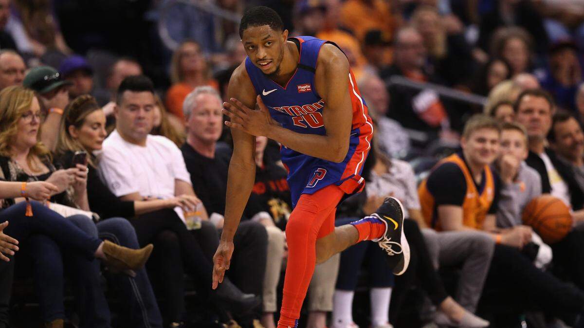 PHOENIX, ARIZONA - FEBRUARY 28: Brandon Knight #20 of the Detroit Pistons reacts to a three point shot against the Phoenix Suns during the second half of the NBA game at Talking Stick Resort Arena on February 28, 2020 in Phoenix, Arizona. The Pistons defeated the Suns 113-111. NOTE TO USER: User expressly acknowledges and agrees that, by downloading and or using this photograph, user is consenting to the terms and conditions of the Getty Images License Agreement. Mandatory Copyright Notice: Copyright 2020 NBAE. (Photo by Christian Petersen/Getty Images)