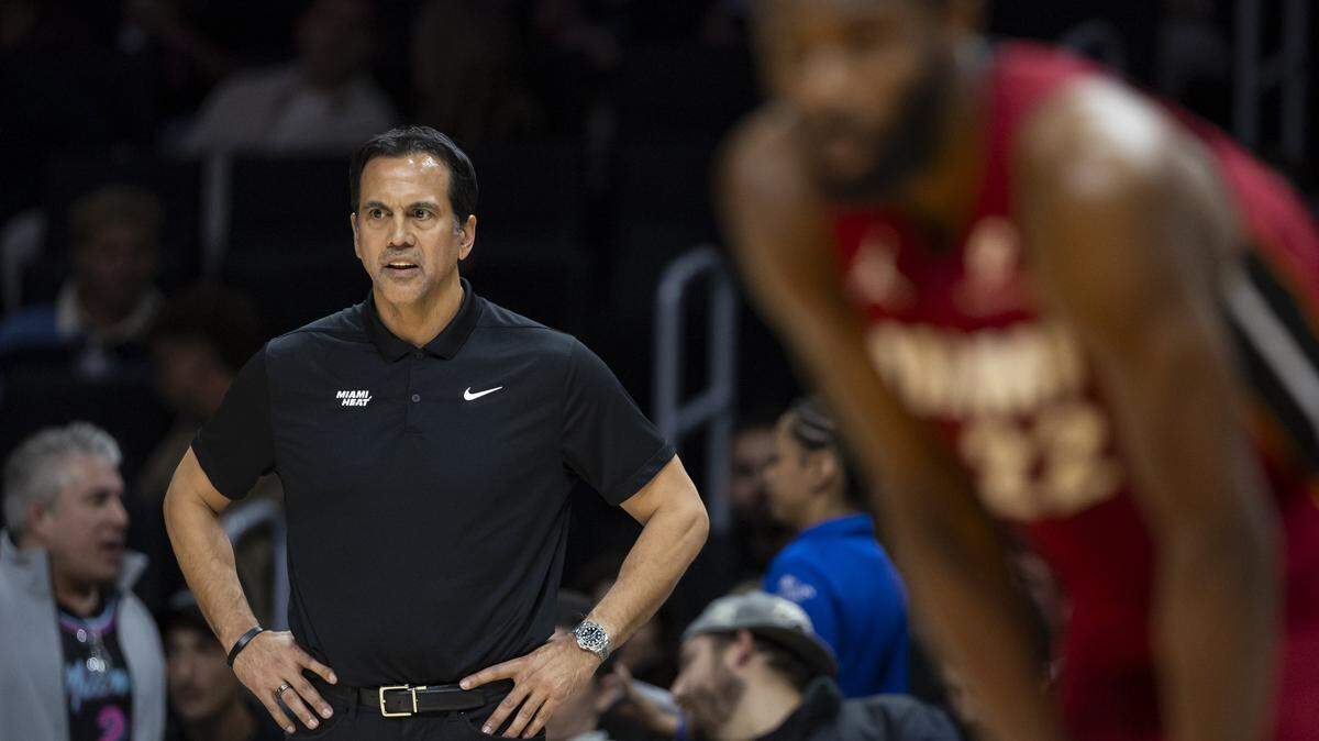 Miami Heat head coach Erik Spoelstra reacts as his team plays against the Orlando Magic in the second half of their NBA game at Kaseya Center on Jan. 28, 2026, in Miami.