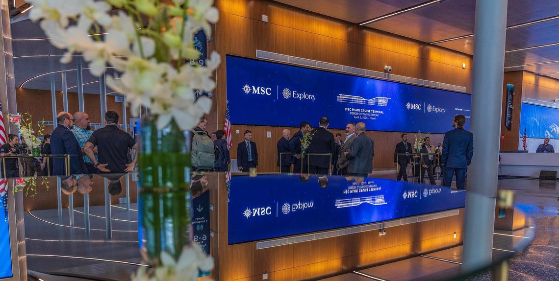 The terminal is filled with natural light; view of Biscayne Bay. Artwork commissioned through Miami-Dade County Art in Public Places program.