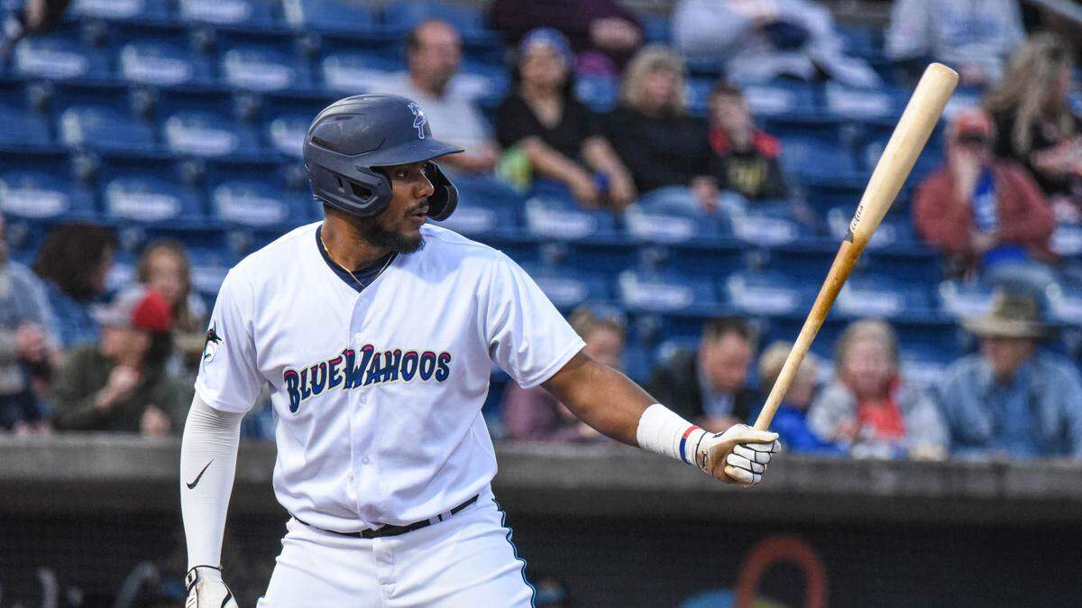 Miami Marlins outfielder prospect Jerar Encarnacion at the plate during the Double A Pensacola Blue Wahoo’s 6-4 win over the Montgomery Biscuits on Wednesday, April 20, 2022.
