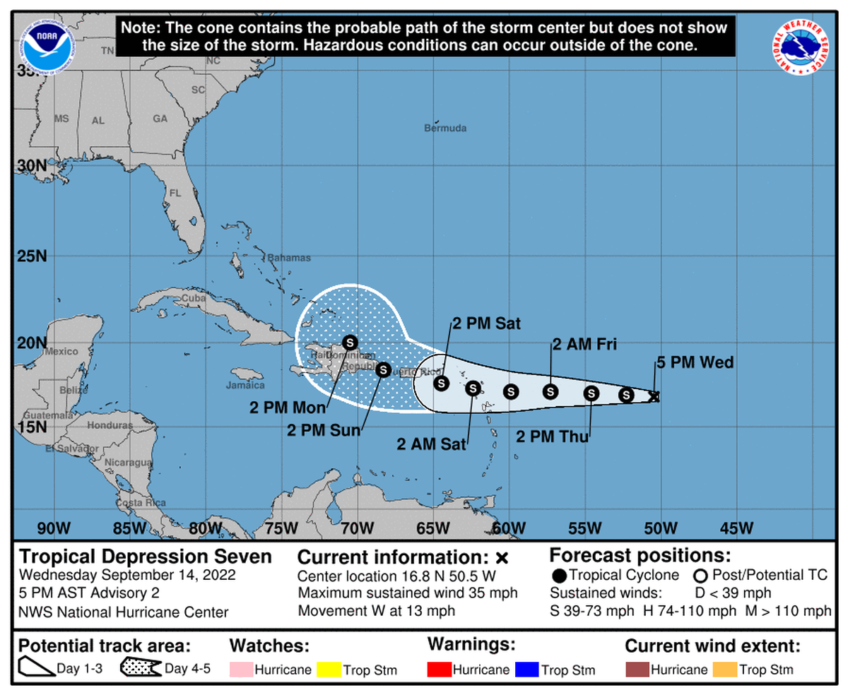 The hurricane center forecasts that tropical depression 7 could strengthen into Tropical Storm Fiona late Wednesday night or sometime Thursday.