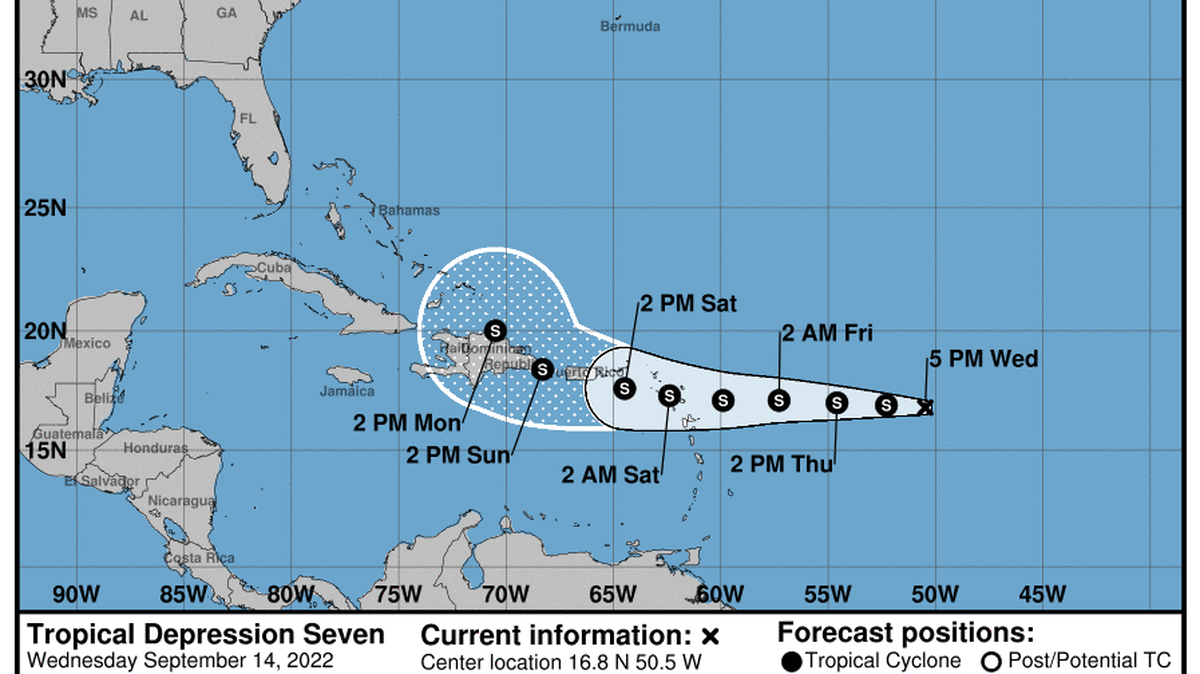 The hurricane center forecasts that tropical depression 7 could strengthen into Tropical Storm Fiona late Wednesday night or sometime Thursday.