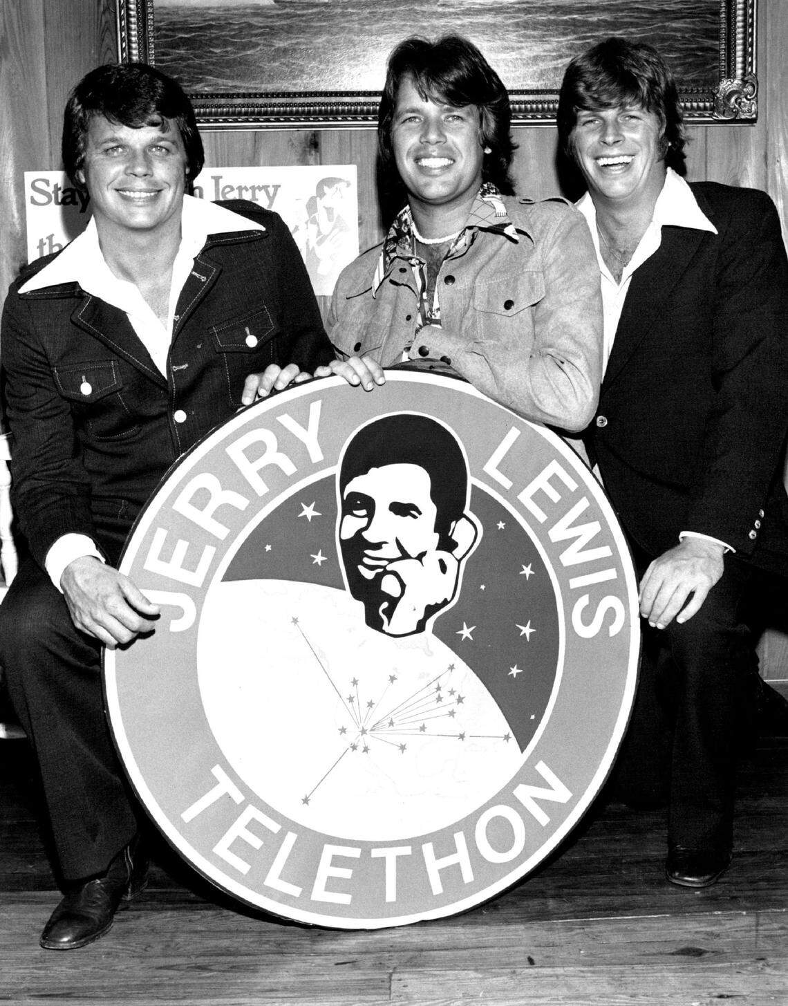 Miami’s popular entertainers, The Rhodes Brothers (Tom, John and Eddie) at the Jerry Lewis Labor Day Telethon at the Fontainebleau hotel in Miami Beach in 1975.