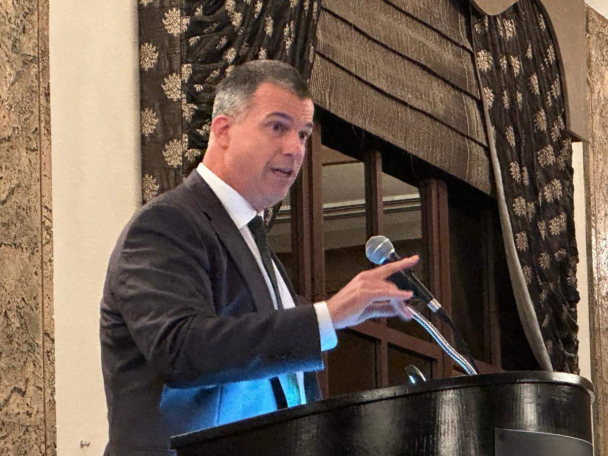 University of Miami football coach Mario Cristobal speaks to those in attendance at the 48th annual Brian Piccolo Awards banquet on Wednesday night at the Signature Grand in Davie.