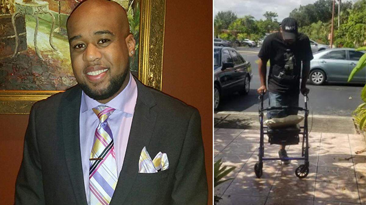 Jean Michaud, 34, is suing the Miami Dolphins for negligence after part of the LIV Hard Rock Stadium bar fell on his foot and partially amputated his toe during the Oakland Raiders game Sept. 23.  He uses a walker while recovering from surgery.