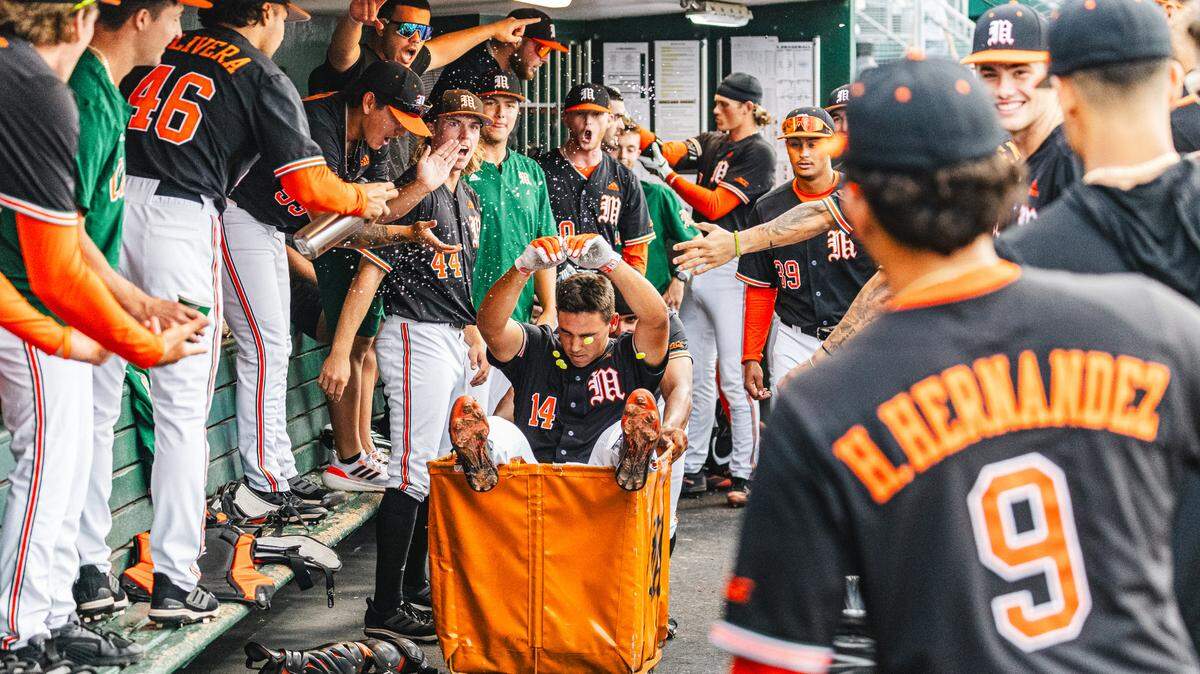 Daniel Cuvet gets a celebratory ride after his team-leading 10th home run of the season in the first inning against the FAU Owls on Tuesday, April 9, 2024.