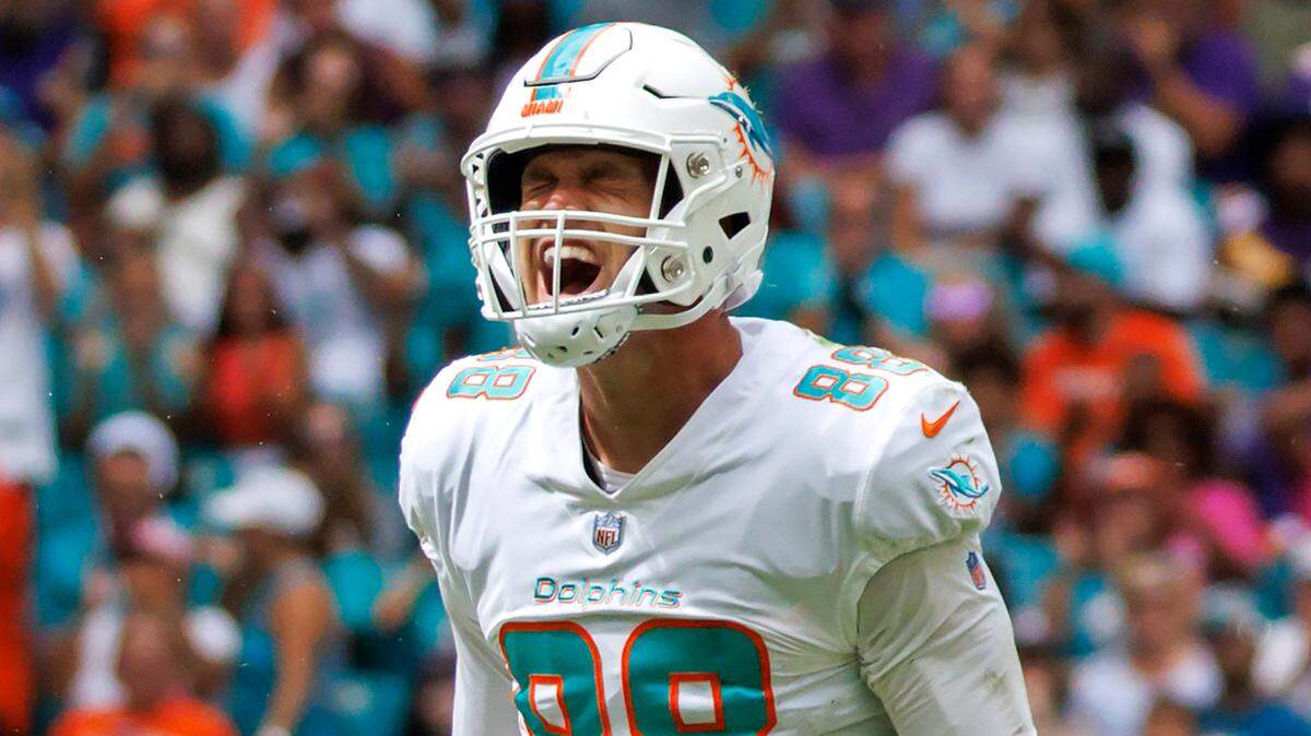 Miami Dolphins tight end Mike Gesicki (88) reacts after a first down during first quarter of an NFL football game against the Minnesota Vikings at Hard Rock Stadium on Sunday, October 16, 2022 in Miami Gardens, Florida.