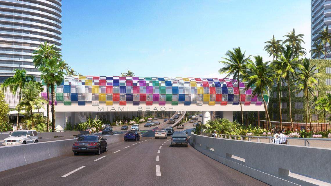 Construction started on the Daniel Buren-designed pedestrian bridge. Above: A rendering of the bridge over the MacArthur Causeway.